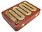 Front view of cribbage board with box closed and pegs standing on their place