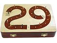 Front view of cribbage board/box with metal pegs on tracks