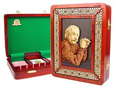 Einstein Image Inlaid 3 Tracks continuous cribbage board / box in Bloodwood / Maple with 9 metal cribbage pegs