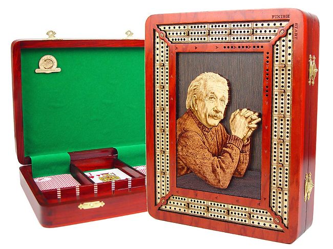 Handmade Custom Continuous Cribbage Board with Wooden Carved Einstein Image Inlaid