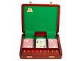 Inner view of cribbage board / box with playing cards and pegs