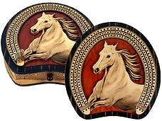 Horse Shoe Shape Cribbage Board Horse Figure Inlaid 3 Tracks cribbage board in Bloodwood / Maple with 9 metal cribbage pegs