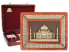 Wooden Carved Taj Mahal Image Inlaid 3 Tracks cribbage board in Bloodwood / Maple with 9 metal cribbage pegs