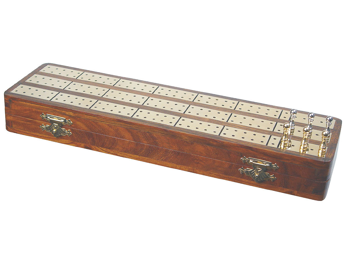Imperial Cribbage Board And Box In Golden Rosewood Brass 12inch 3 Tracks