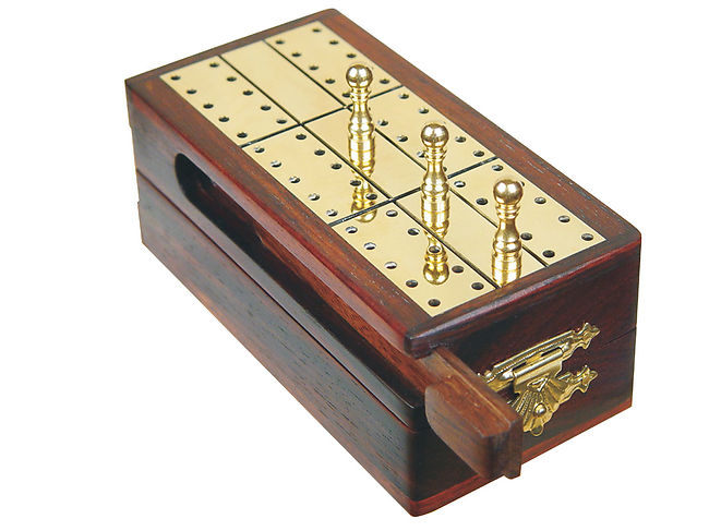 Royal Folding Cribbage Board Box in Golden Rosewood 2 Tracks Brass 10"