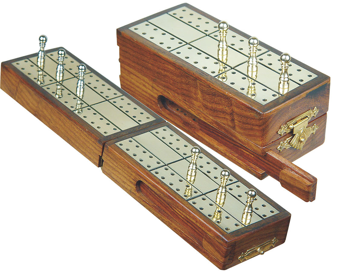 Royal Travel Folding Cribbage Board In Golden Rosewood Brass