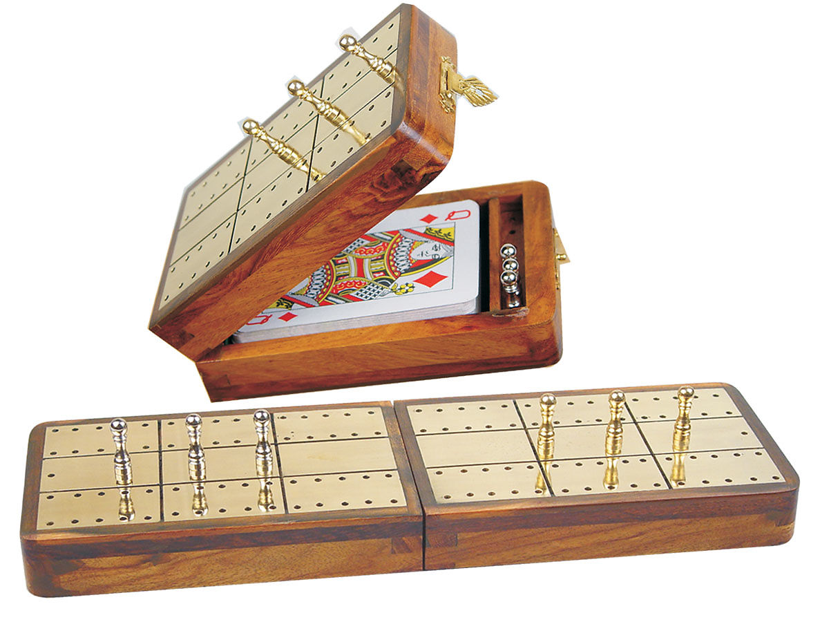 Royal Folding Cribbage Board And Box In Golden Rosewood Brass