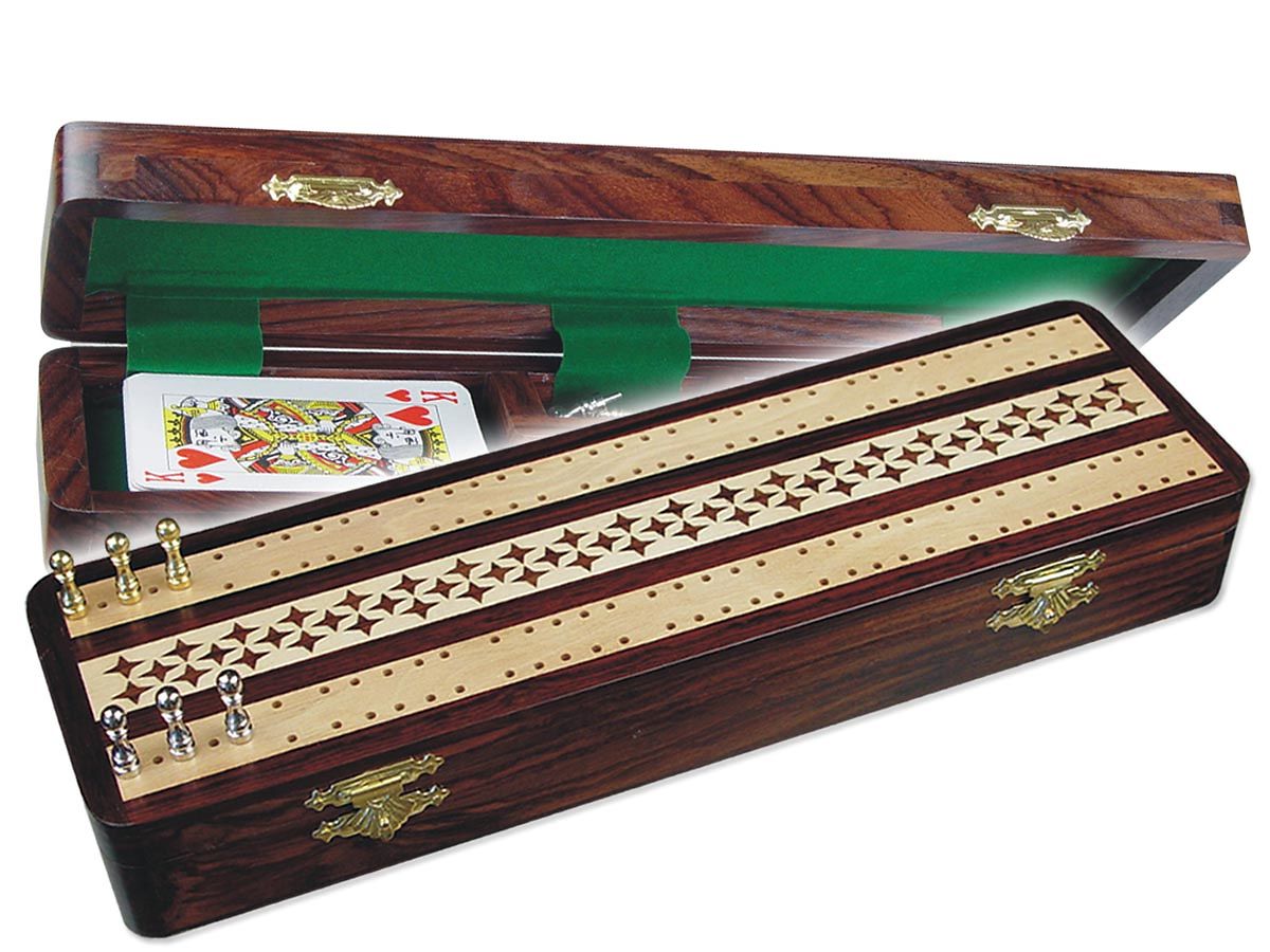 Artistic Cribbage Board And Box In Rosewood Maple 12inch 2 Tracks
