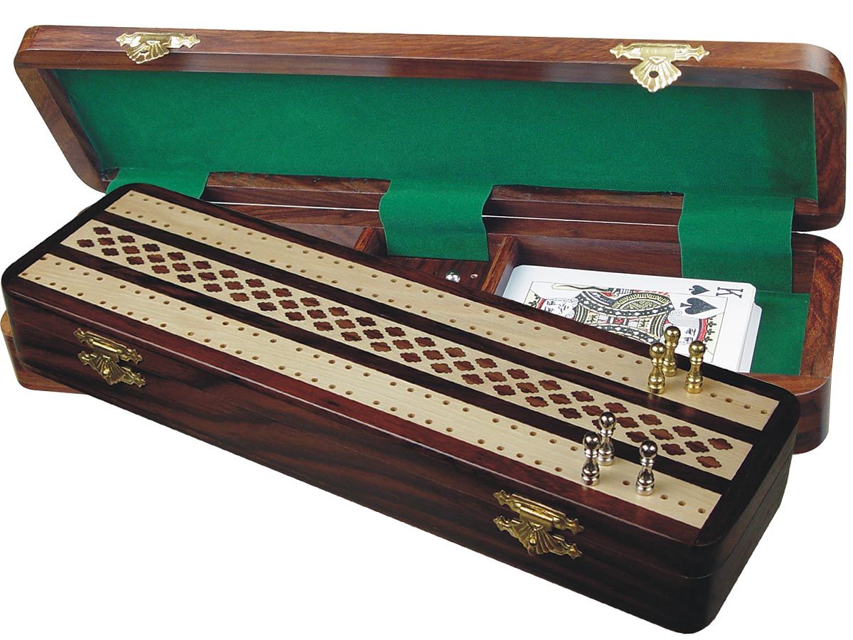 Unique Wooden Cribbage Board / Box Sliding Lid Rosewood / Maple 4 Tracks 