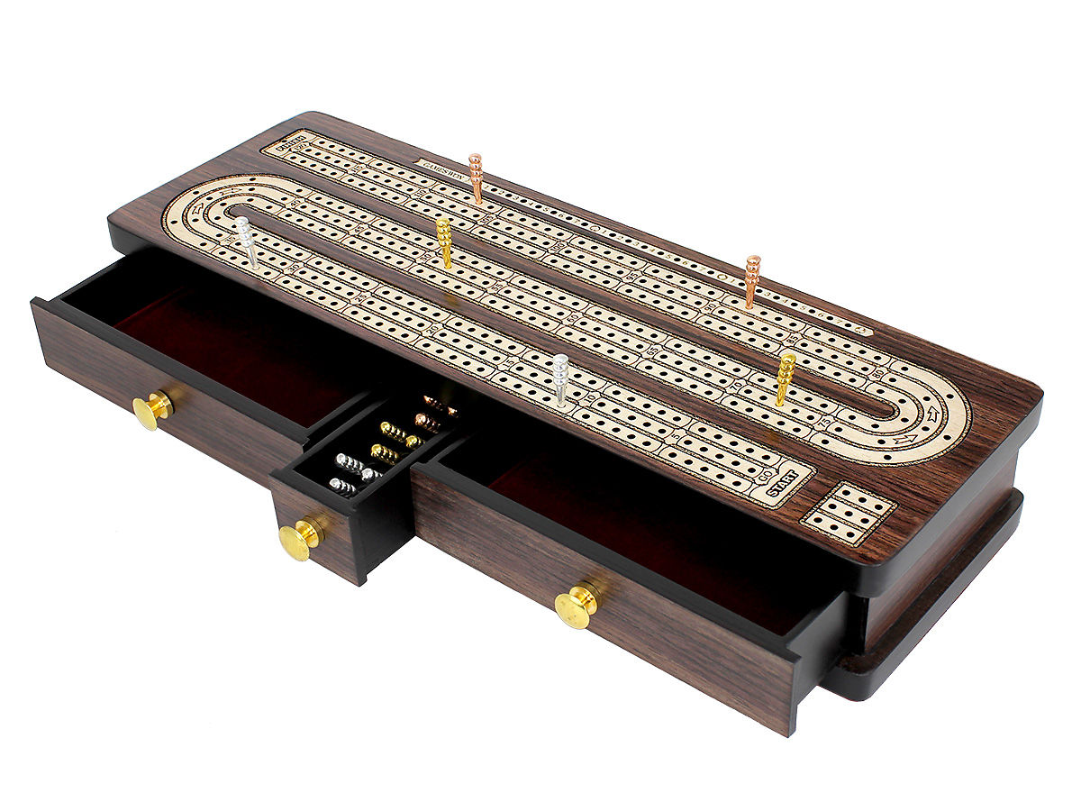 Continuous Cribbage Board Box Inlaid In Rosewood Maple 12 Inch 3 Tracks With Drawer Storage For