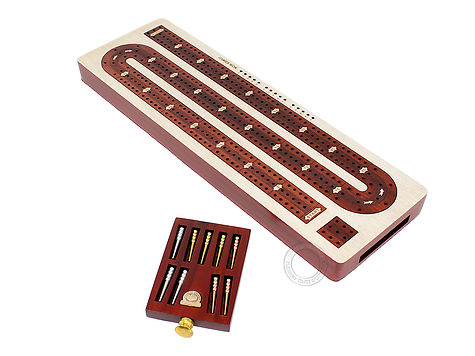 3 Track Continuous Cribbage Board Inlaid in Bloodwood - Maple Wood - Storage Drawer for Cribbage Pegs