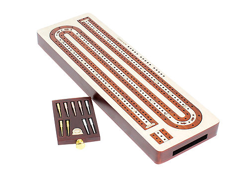 3 Track Continuous Cribbage Board Inlaid White Maple / Blood Wood / White Maple - Storage Drawer for Cribbage Pegs