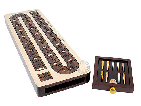 3 Track Continuous Cribbage Board Inlaid in Rosewood - Maple Wood - Storage Drawer for Cribbage Pegs