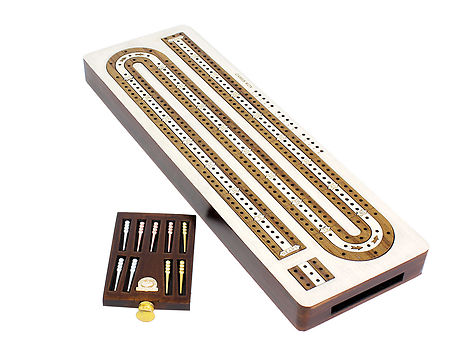 3 Track Continuous Cribbage Board Inlaid White Maple / Teak Wood / White Maple - Storage Drawer for Cribbage Pegs