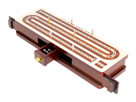 Continuous Cribbage Board inlaid 3 Tracks with Sliding Lids and Drawer - White Maple / Blood Wood / White Maple