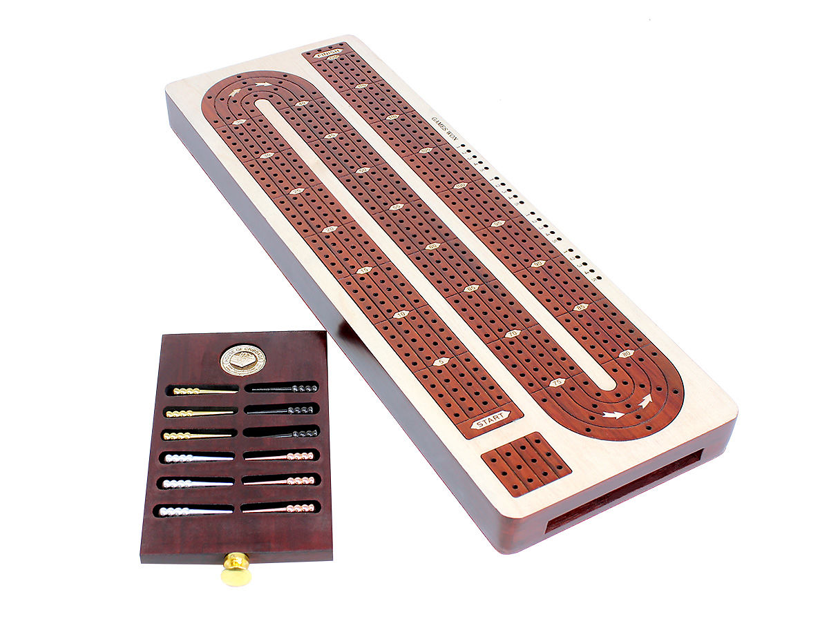 4 Track Continuous Cribbage Board Inlaid White Maple Blood Wood