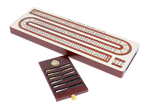 4 Track Continuous Cribbage Board Inlaid White Maple / Blood Wood / White Maple - Storage Drawer for Cribbage Pegs