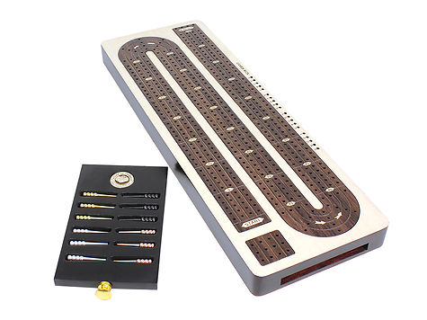 4 Track Continuous Cribbage Board Inlaid White Maple / Rosewood - Storage Drawer for Cribbage Pegs