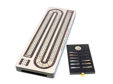 4 Track Continuous Cribbage Board Inlaid White Maple / Rosewood / White Maple - Storage Drawer for Cribbage Pegs