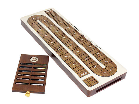 4 Track Continuous Cribbage Board Inlaid White Maple / Teak Wood - Storage Drawer for Cribbage Pegs