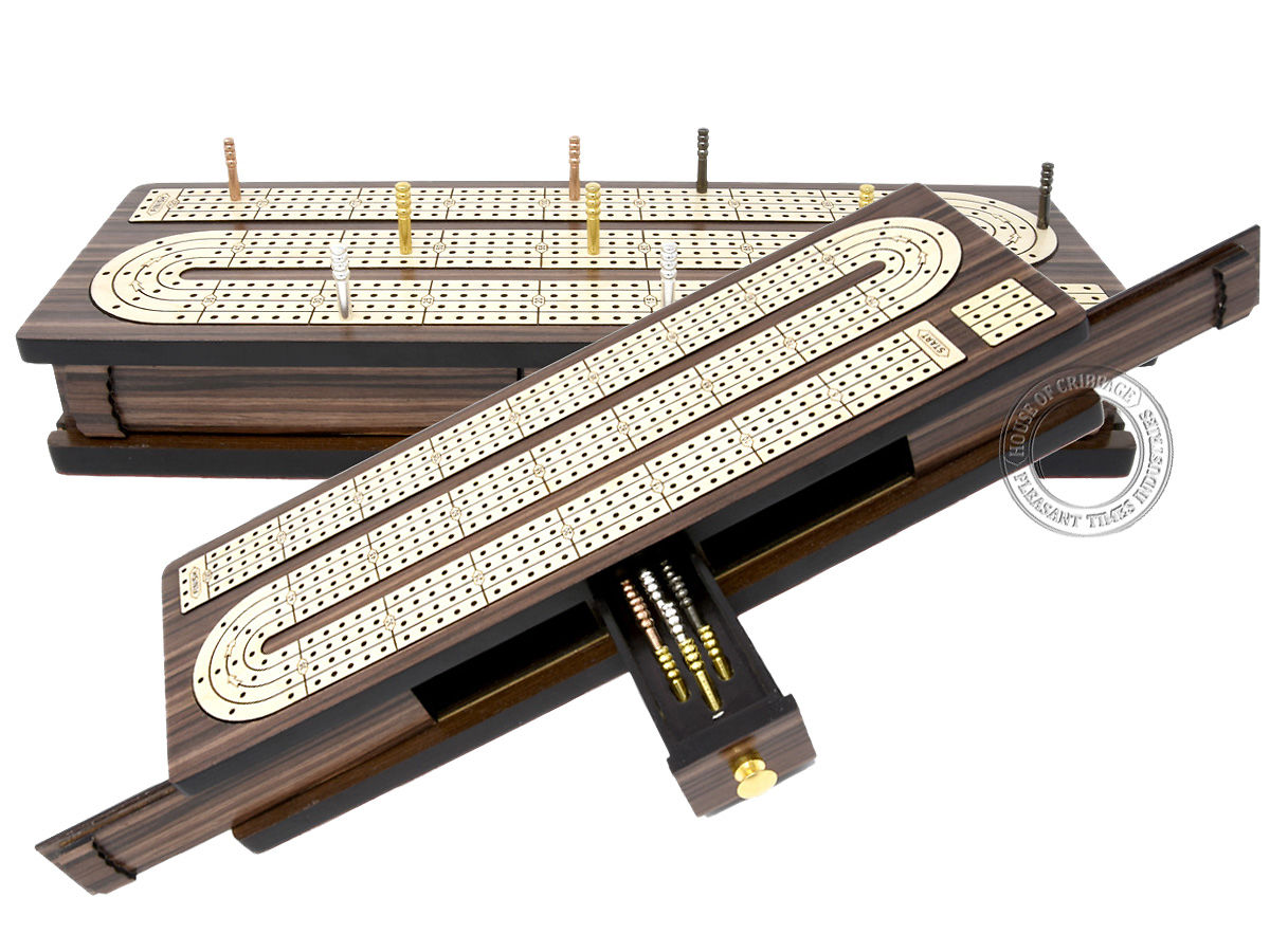 Continuous Cribbage Board Inlaid Teak Wood 4 Tracks with Sliding Lids Drawer