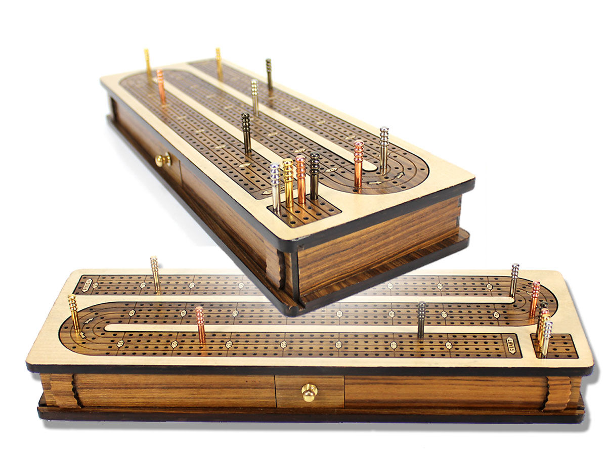 continuous-cribbage-board-inlaid-4-tracks-maple-teakwood-with-sliding-lids-and-drawer