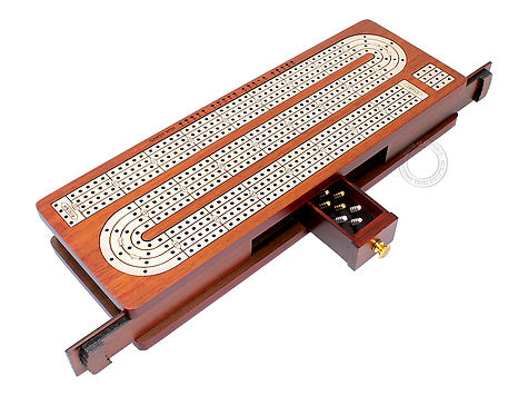 Continuous Cribbage Board Inlaid 4 Tracks Blood Wood/Maple with Sliding Lids and Drawer