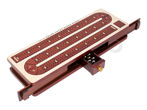 Continuous Cribbage Board Inlaid 4 Tracks Maple/Blood Wood with Sliding Lids and Drawer