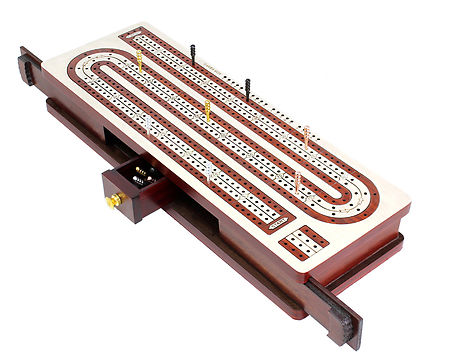 Continuous Cribbage Board inlaid 4 Tracks with Sliding Lids and Drawer - White Maple / Blood Wood / White Maple