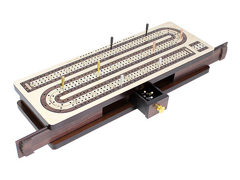 Continuous Cribbage Board inlaid 4 Tracks with Sliding Lids and Drawer - White Maple / Rosewood / White Maple