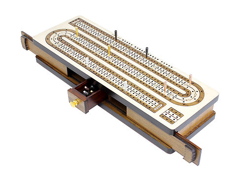 Continuous Cribbage Board inlaid 4 Tracks with Sliding Lids and Drawer - White Maple / Teak Wood / White Maple