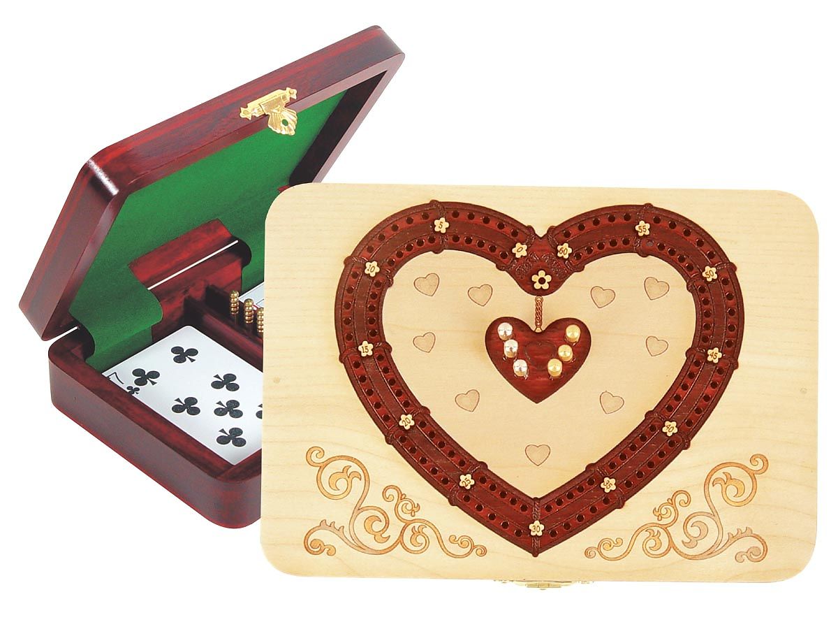 Heart Shape Cribbage Board Inlaid With Maple Blood Wood 2 Tracks