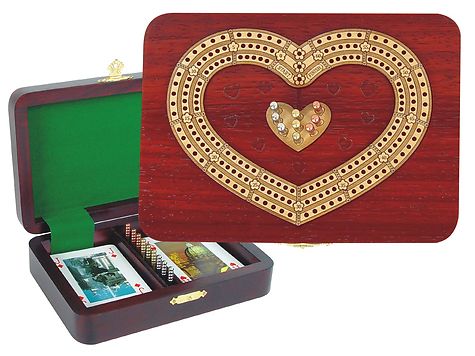 Cribbage Board 3 Tracks Heart Shape inlaid with Blood Wood / Maple