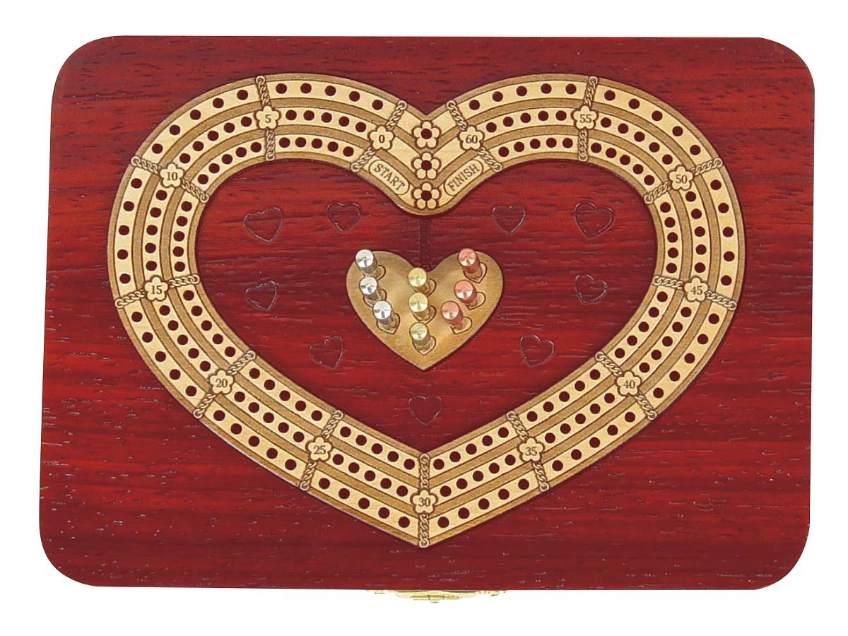 Cribbage Board 3 Tracks Heart Shape Inlaid With Blood Wood Maple