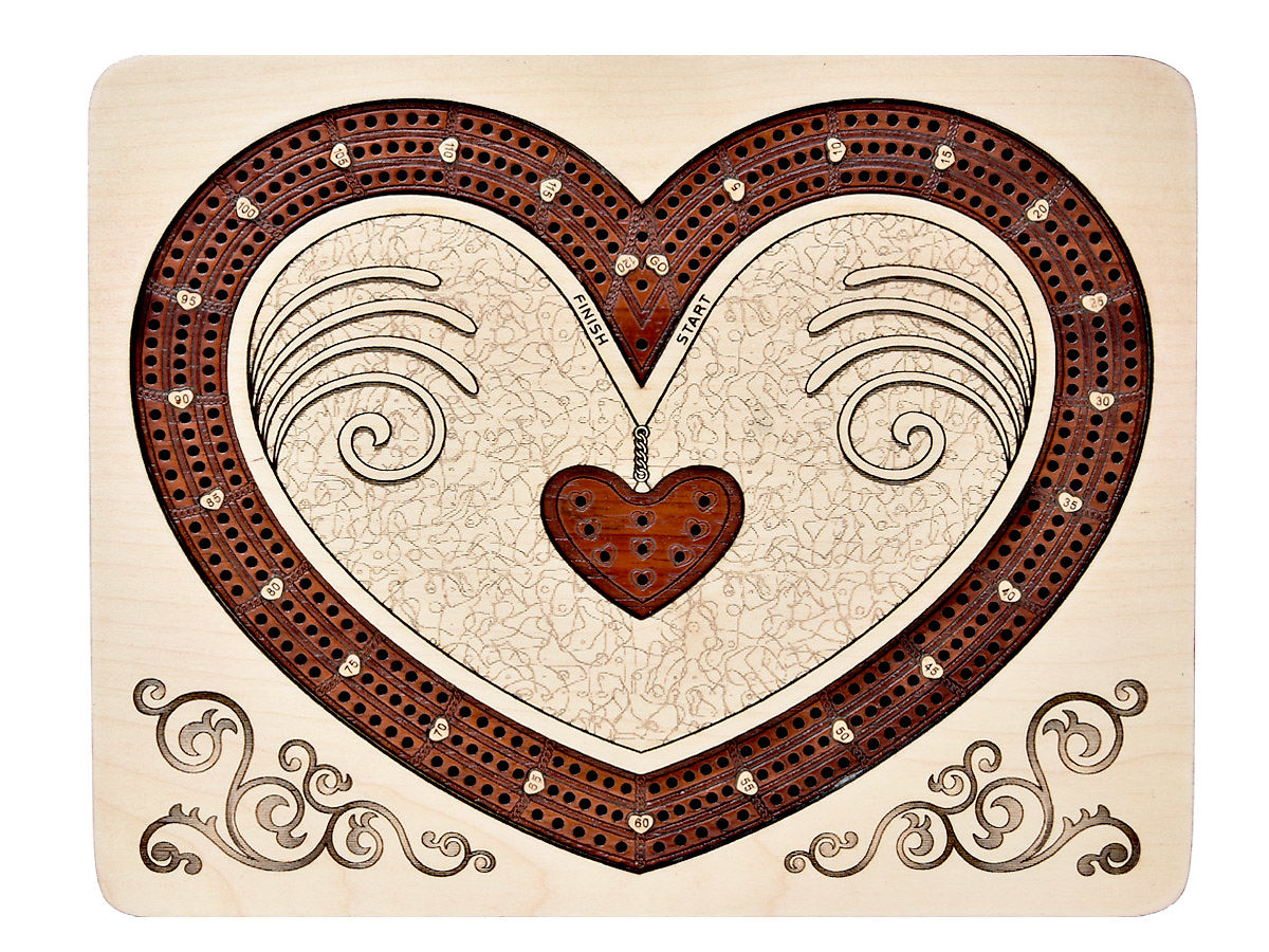 Heart Shape Continuous Cribbage Board Inlaid With Maple