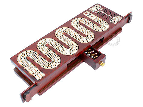 Continuous Cribbage Board inlaid ZigZag shape 3 Tracks with Sliding Lids and Drawer - Skunks, Corners - Blood Wood / White Maple