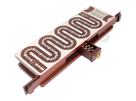 Continuous Cribbage Board inlaid ZigZag shape 3 Tracks with Sliding Lids and Drawer - White Maple / Blood Wood / White Maple