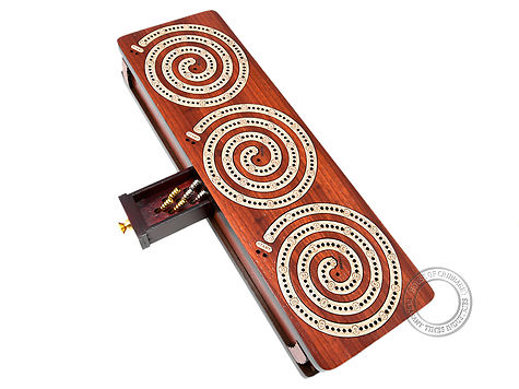 Spiral Design Continuous Cribbage Board / Box inlaid in Bloodwood / Maple Wood - 3 Track - Separate Storage Space for Two Deck of Cards & Pegs