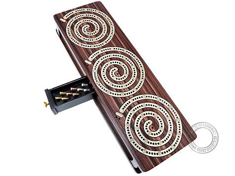 Spiral Design Continuous Cribbage Board / Box inlaid in Rosewood / Maple Wood - 3 Track - Separate Storage Space for Two Deck of Cards & Pegs