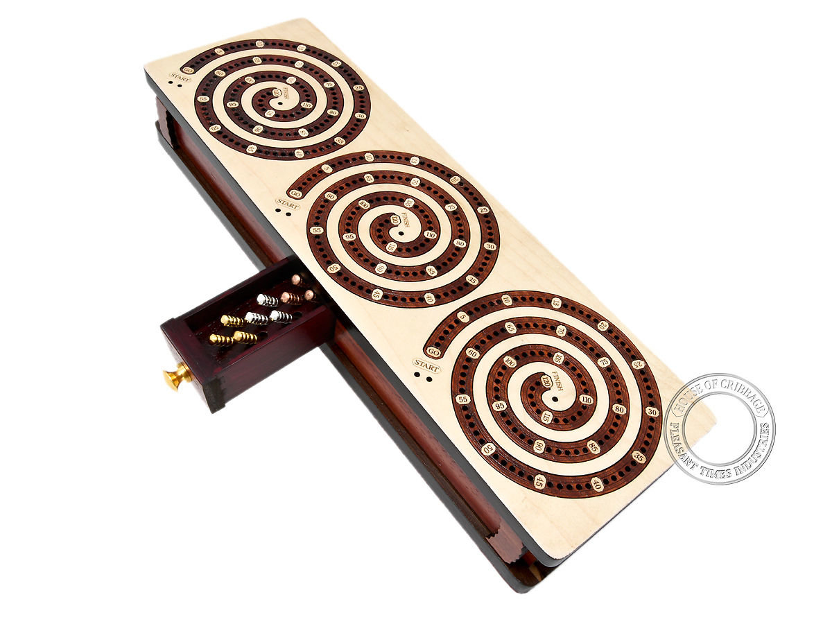 Spiral Design Continuous Cribbage Board Box Inlaid In Maple Wood