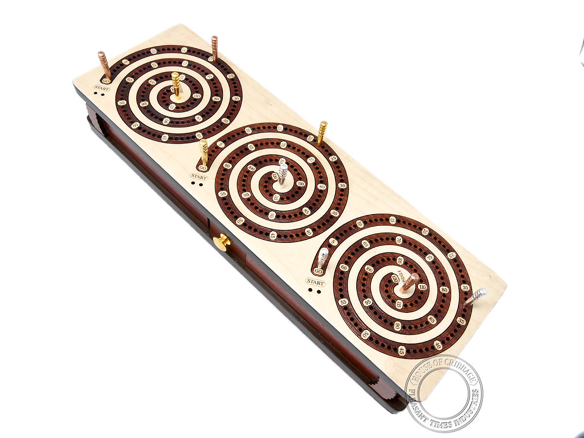 Spiral Design Continuous Cribbage Board Box Inlaid In Maple Wood