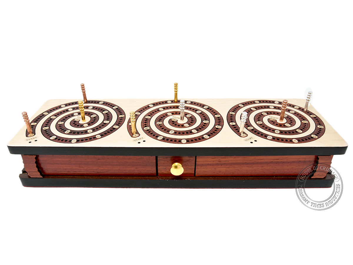 Spiral Design Continuous Cribbage Board Box Inlaid In Maple Wood