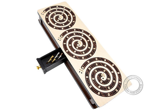 Spiral Design Continuous Cribbage Board / Box inlaid in Maple Wood / Rosewood - 3 Track - Separate Storage Space for Two Deck of Cards & Pegs