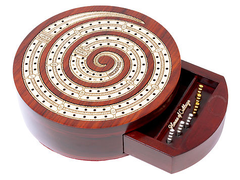 Spiral Shape 2 Track Non-Continuous Cribbage Board - Push Drawer Storage for Pegs and Cards with Score Marking Fields for Won Games Blood Wood / Maple Wood