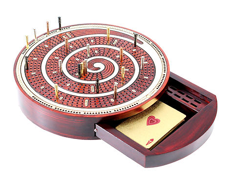 Cribbage Board Spiral Design Round Shape 4 Tracks Maple/Bloodwood with place for Skunks, Corners & Won Games