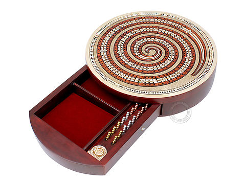 Cribbage Board Spiral Design Round Shape 4 Tracks Maple/Bloodwood/Maple with place for Skunks, Corners & Won Games