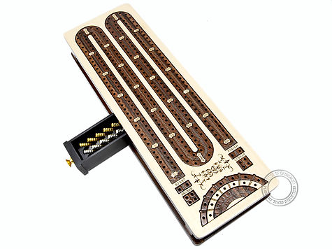 Continuous Cribbage Board / Box inlaid in Maple / Rosewood : 2 Track - Sliding Lid with Score marking fields for Skunks, Corners and Won Games