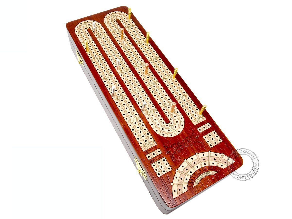 Continuous Cribbage Board Inlaid Teak Wood 4 Tracks with Sliding Lids Drawer