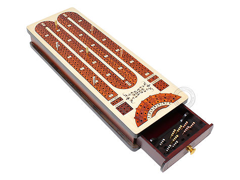 3 Track Continuous Cribbage Board Inlaid in Bloodwood - Single Storage Drawer for Cribbage Pegs and Playing Cards with Score Marking Fields for Skunks, Corners and Won Games