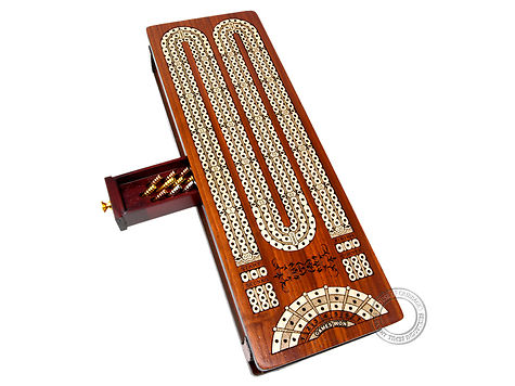 Continuous Cribbage Board / Box inlaid in Bloodwood / Maple : 3 Track - Sliding Lid with Score marking fields for Skunks, Corners and Won Games